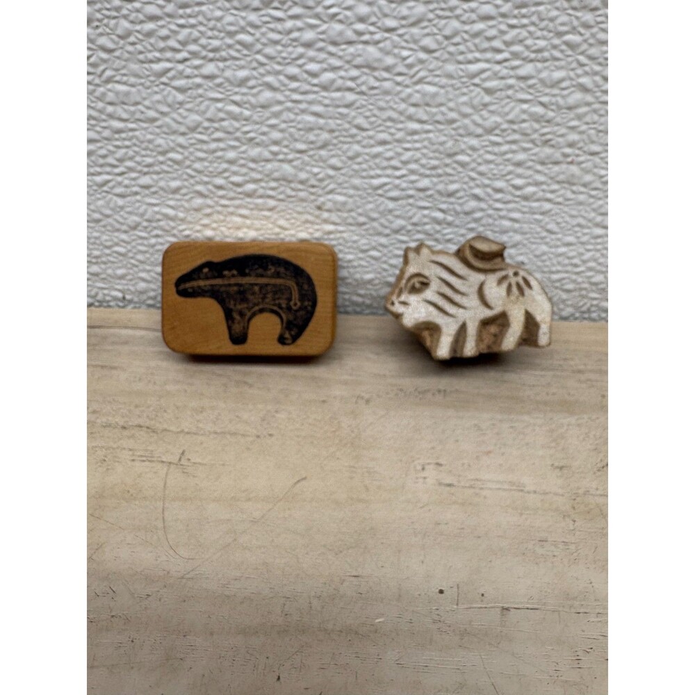 Set Of 2 Wood Carved & Wood Rubber Mounted Stamps